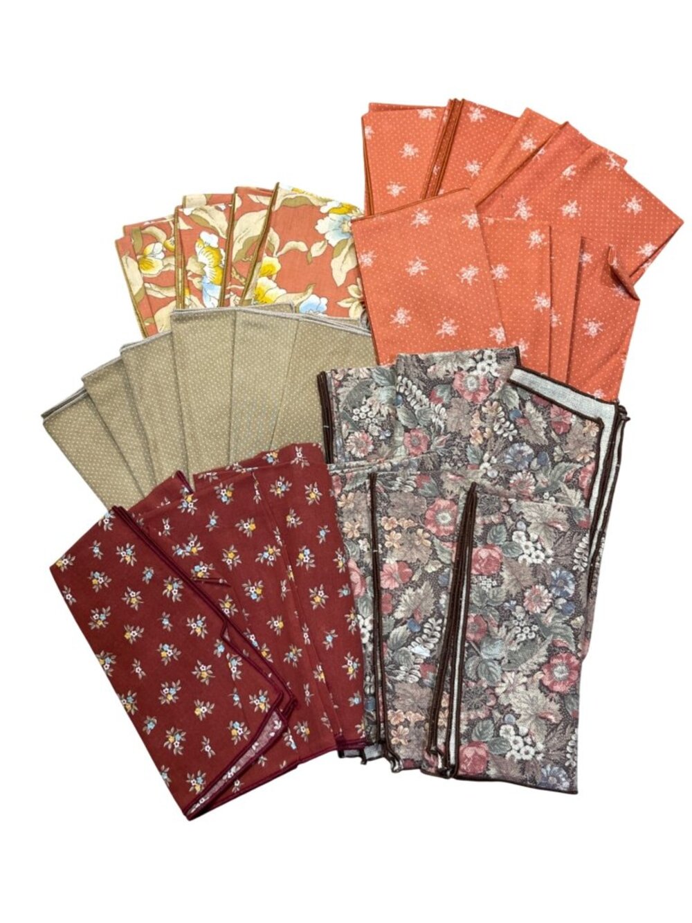 Fabric Napkin Lot of 30 Orange Brown Rust Floral Dot VTG Craft Fabric